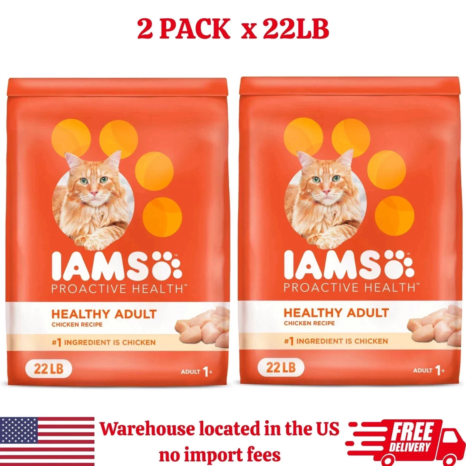(2 pack) Iams Proactive Health Chicken Dry Cat Food, 22 Lb Bag