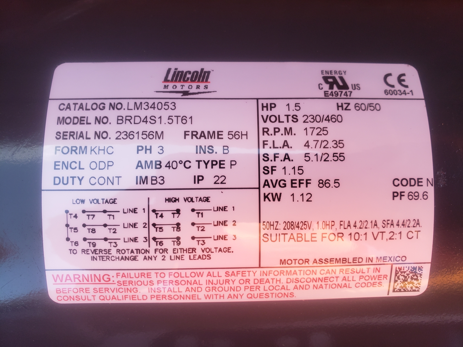 NSOP Lincoln Motors LM34053 BRD4S1.5T61 1.5HP 3PH 60/50Hz 56H 1725RPM 230/460V