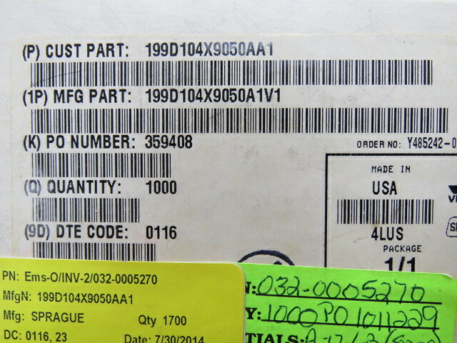 SPRAGUE 199D104X9050AA1 Qty of 100 per Lot Capacitor, Tantalum, 100nf, 50V, 10±