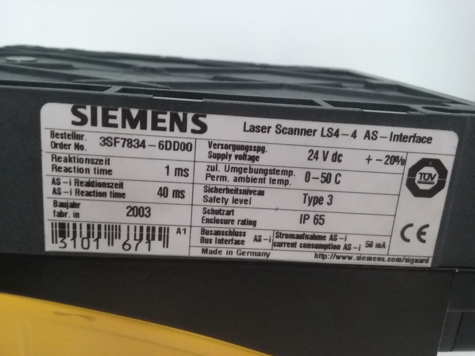 SIEMENS 3SF7843-6DD00 SIGUARD LASER SCANNER LS4-4 24V 25W NNB
