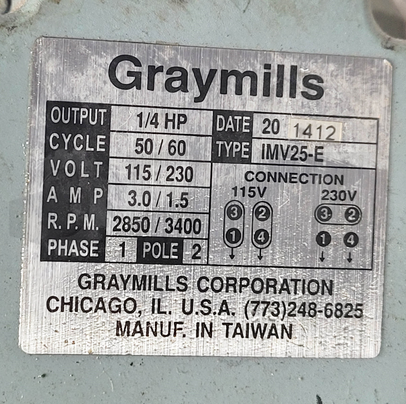 GRAYMILLS IMV25-E IMMERSION PUMP MOTOR 1/4HP 50/60HZ 115/230V 3.0/1.5A