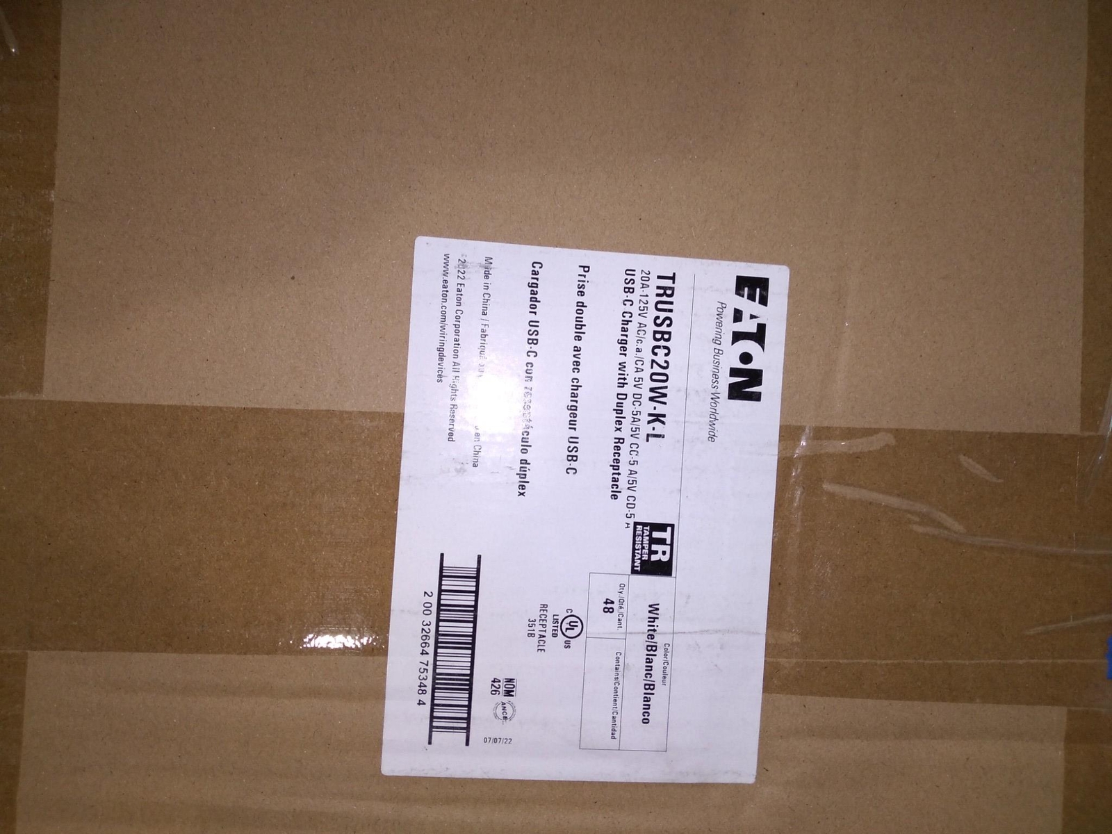 EATON TRUSBC20W-K-L 5-20A USB Type-C Charger duplex recepticles … each