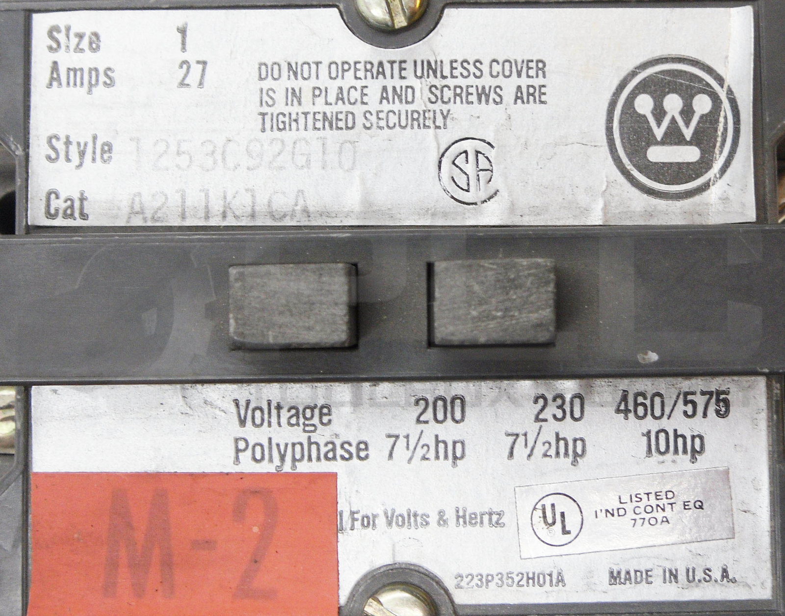 WESTINGHOUSE A211K1CA MOTOR CONTROL SIZE 1 27A 575V 10HP 1253C92G10