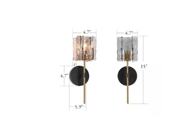 LNC Matte Black 1-Lt Modern Glam Sconce Brass w/ Square Gray Textured Glass