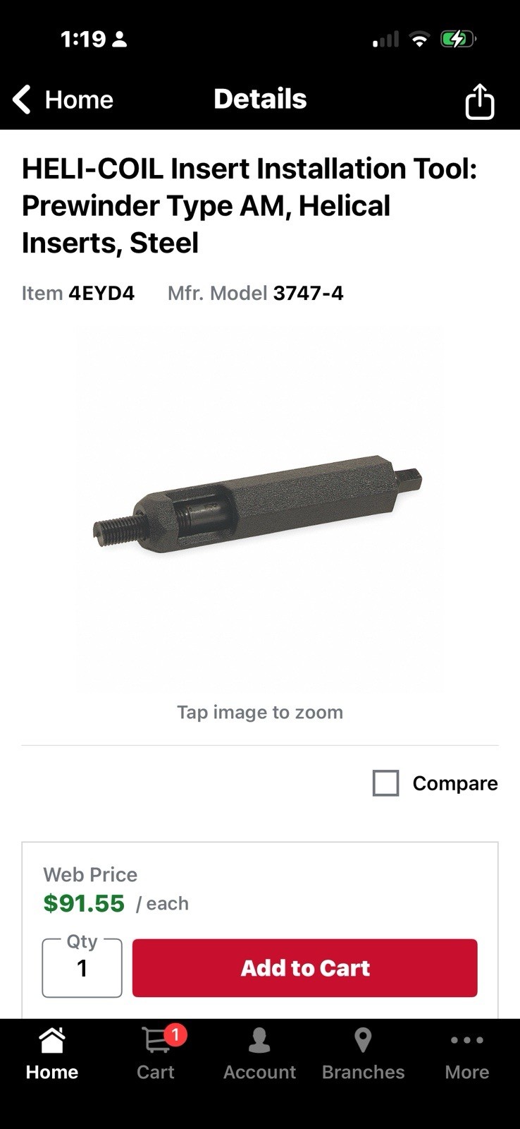 HELICOIL M4x0.7 Insert Installation Tool Prewinder for Helical Inserts 3747-4