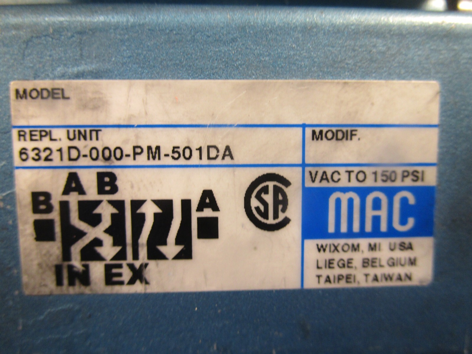 USED MAC 6321D-000-PM-501DA SOLENOID VALVE; 4-WAY; 0-150PSI; 110/120VAC; 50/60HZ