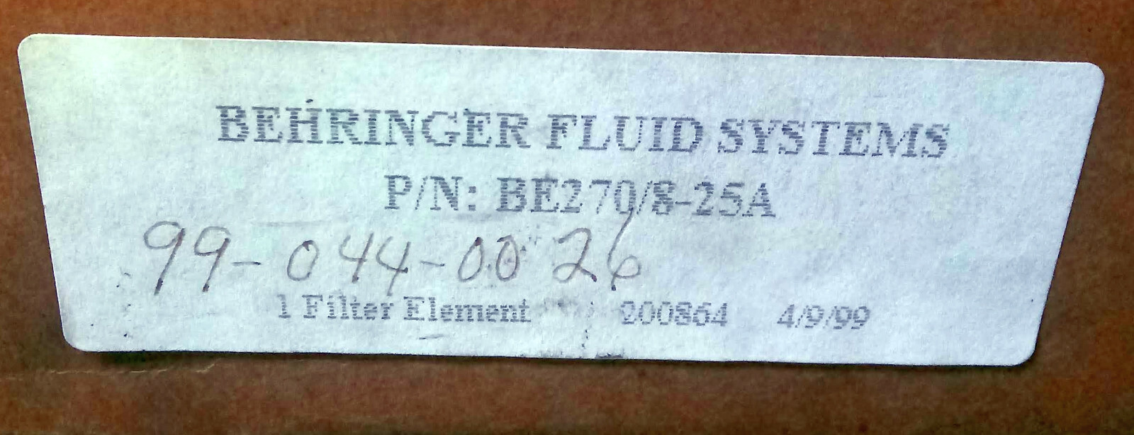 1 NEW BEHRINGER FLUID SYSTEMS BE270/8-25A FILTER ELEMENT NIB/NNB **MAKE OFFER**