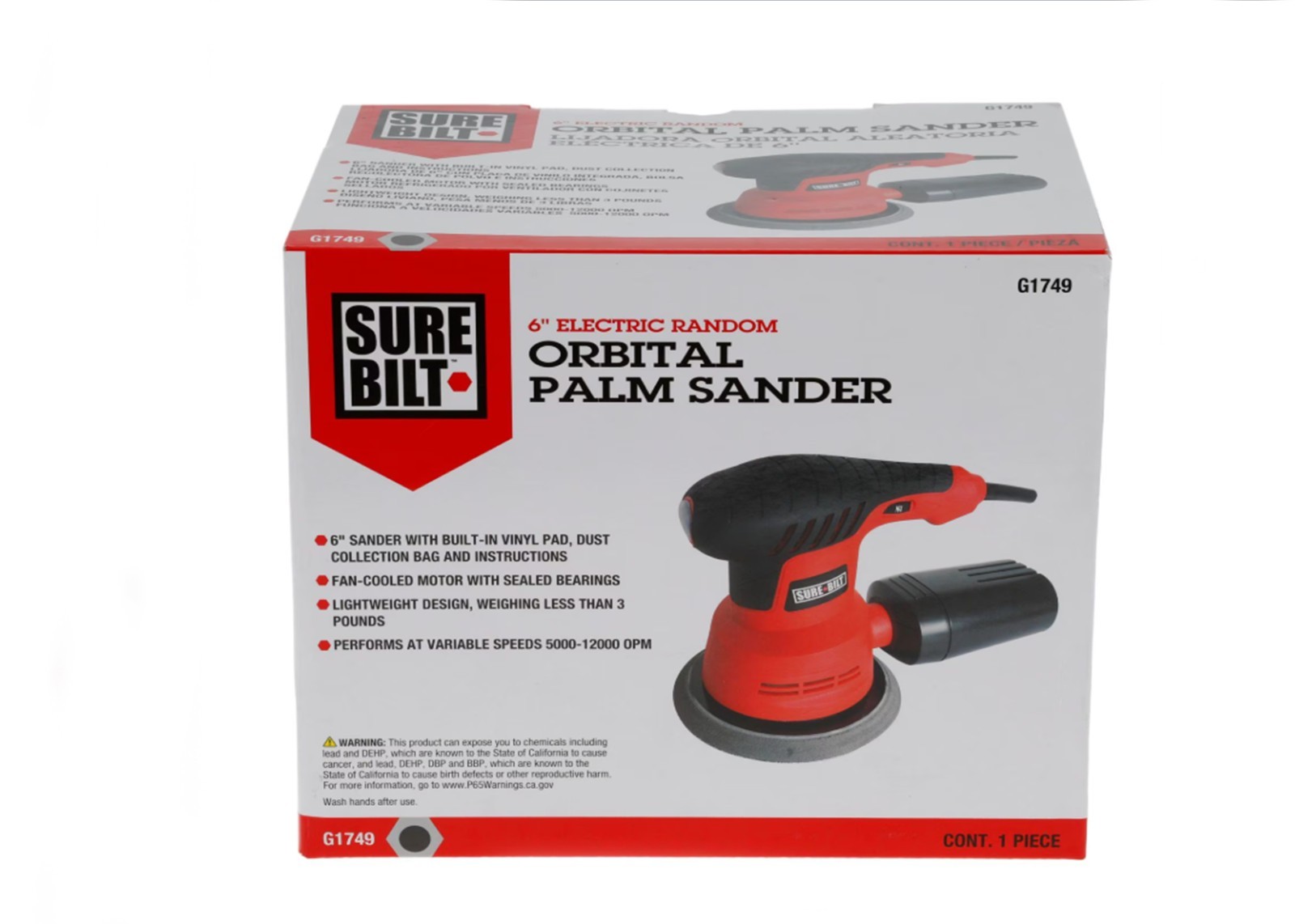 Sure Bilt 6″ Electric Random Orbital Palm Sander Variable Speed Wood Tool G1749