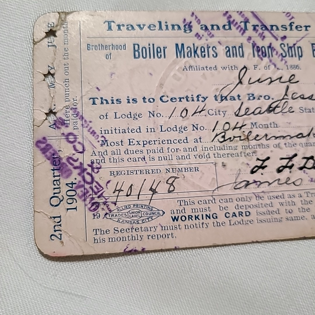 International Brotherhood Of Boilermakers, Iron Ship Builders Service Card 1904