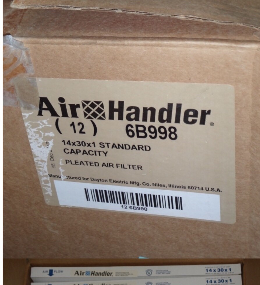 12- Air Handler 6B998 14x30x1 Standard Capacity Pleated Fiberglass Filters NEW!