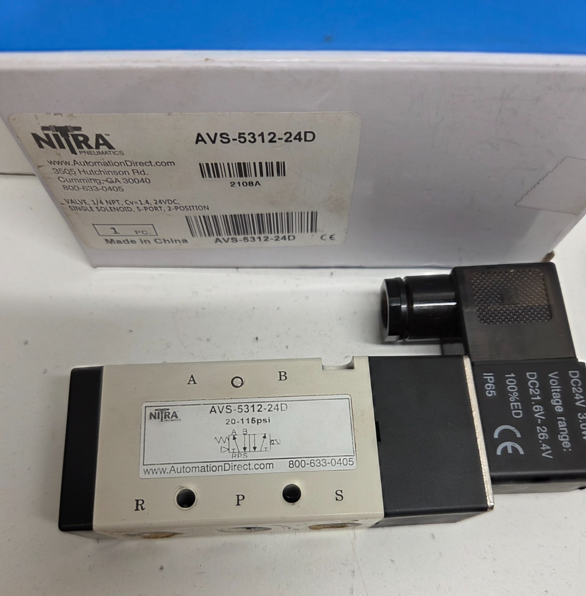 GOOD USED NITRA 24V 1/4″ NPT 5PORT 2POS SOLENOID VALVE *BROKE KNOB* AVS-5312-24D