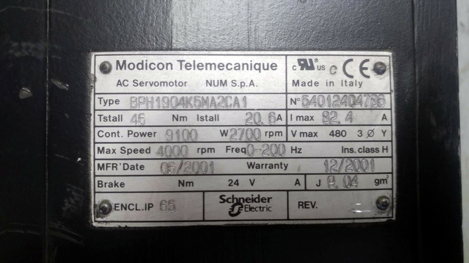 1 USED SCHNEIDER ELECTRIC BPH1904K5MA2CA1 AC SERVOMOTOR ***MAKE OFFER***