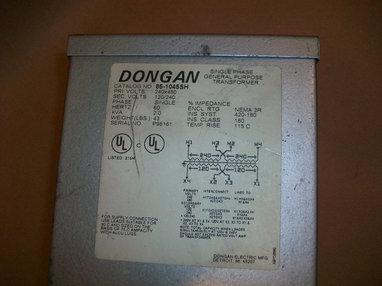 Dongan 85-1045SH Single Phase General Purpose Transformer 2.0 kva USED
