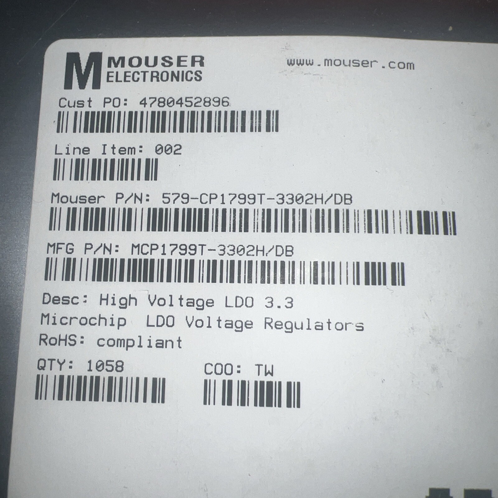 Microchip Technology MCP1799T-3302H/DB High Voltage LDO 3.3 Microchips QTY 1058