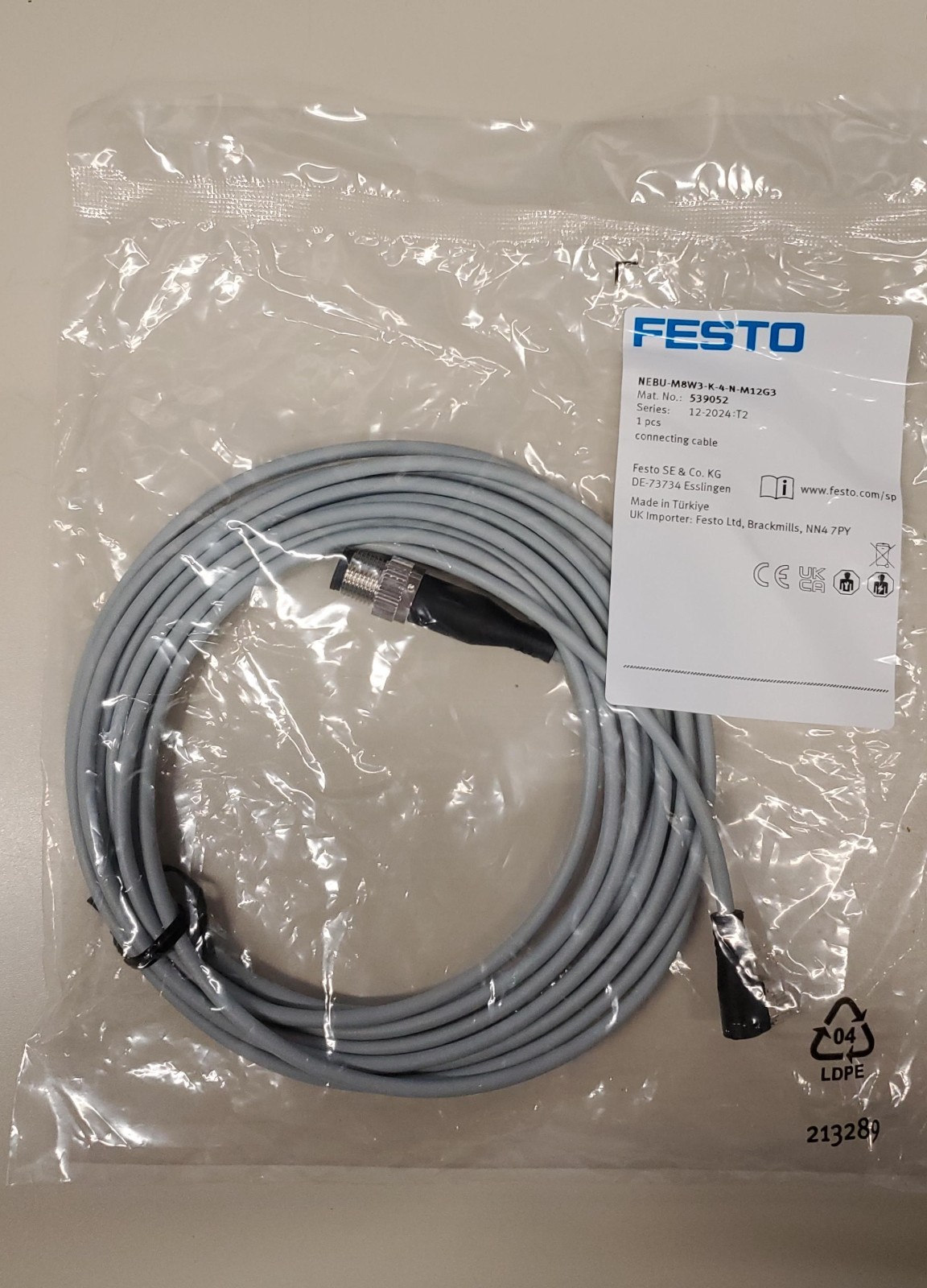 Festo NEBU-M8W3-K-4-N-M12G3 Connecting Cable – M8 90 deg to M12 straight – NEW !