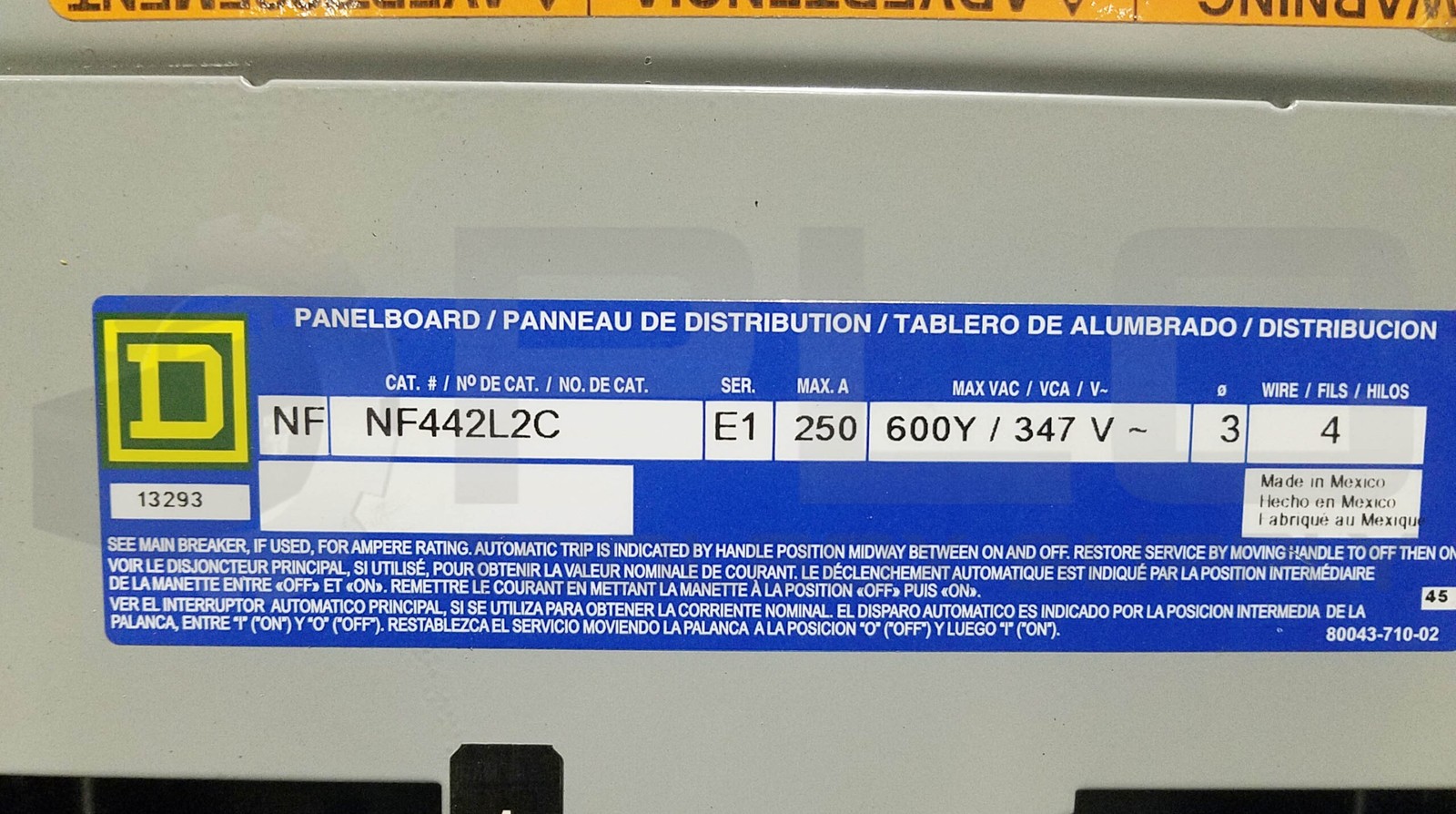 SQUARE D NF442L2C / E1 CIRCUIT BREAKER PANEL BOARD 250 MAX AMP 42 SLOT