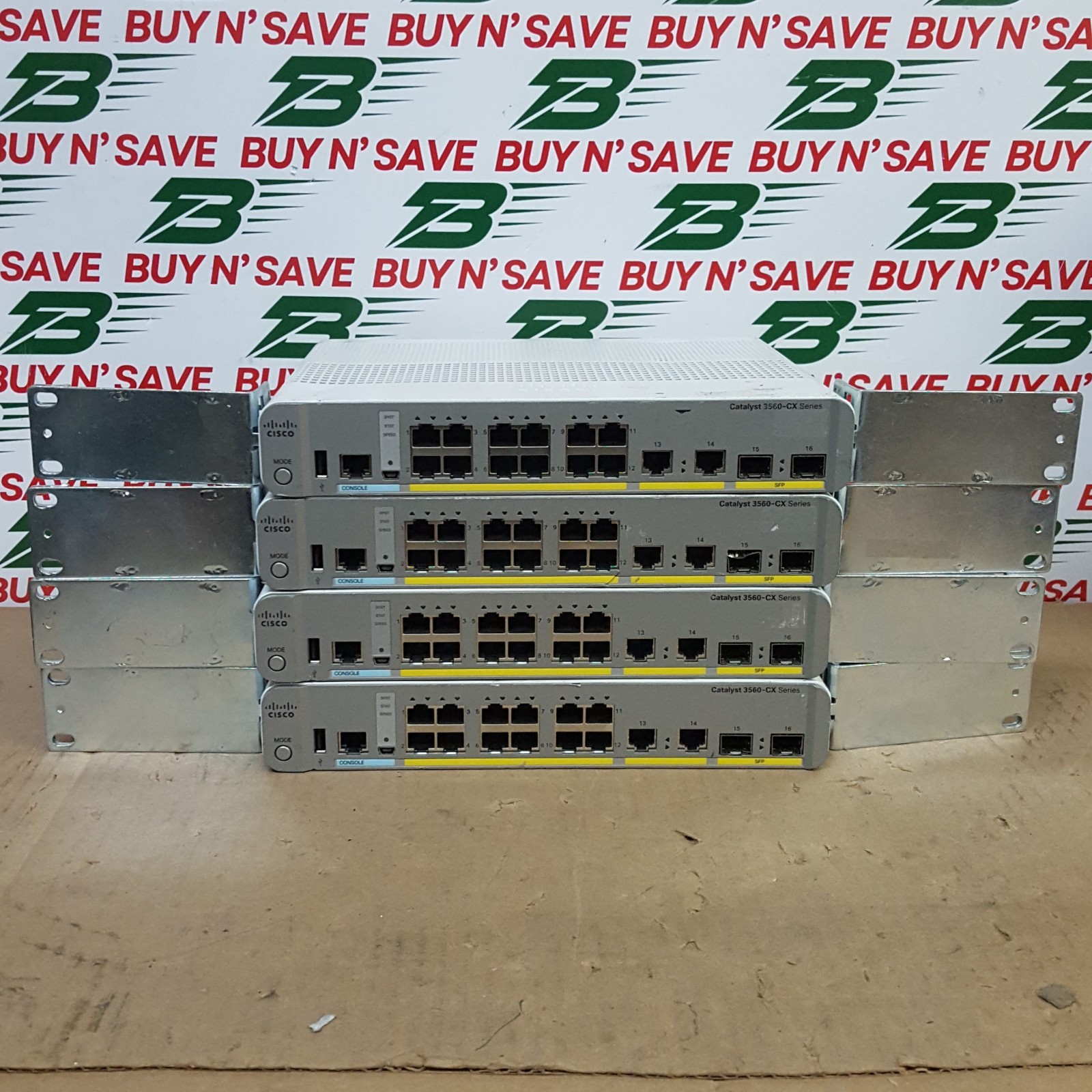 Lot of 4- Cisco Catalyst WS-C3560CX-12TC-S V04 (No Power Crds) Powers On – USED