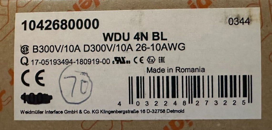Lot of 70 WEIDMÜLLER 1042680000 CONN TERM BLK FEED THRU 10-26AWG