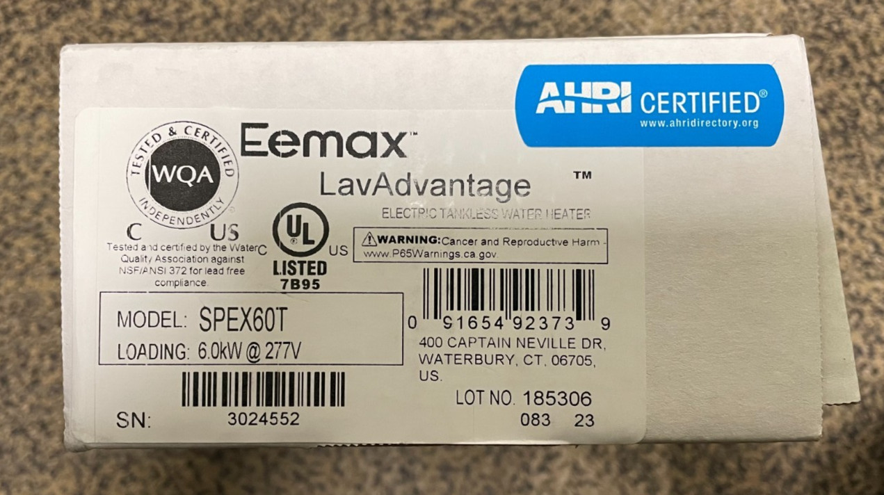 Eemax Spex60t Ml Both Electric Tankless Water Heater, Undersink, 277Vac, Single