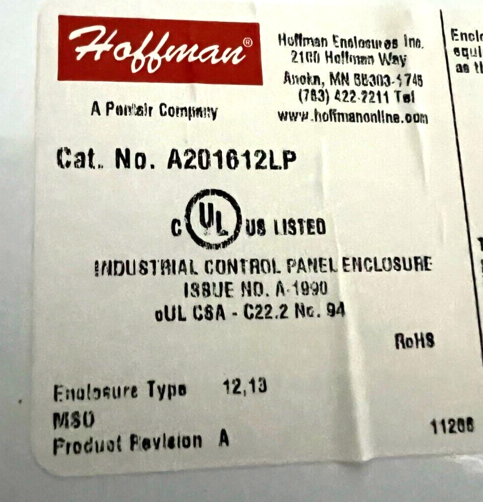 HOFFMAN A201612LP ENCLOSURE WALL MOUNT TYPE 12/13 MILD STEEL OAL 16″