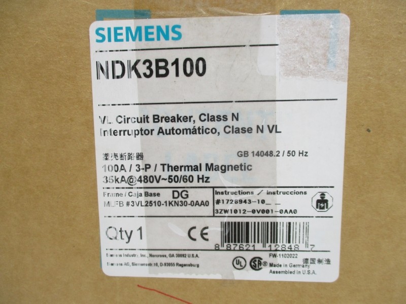 SIEMENS NDK3B100 3VL2510-1KN30-0AA0 480V 100A NSMP