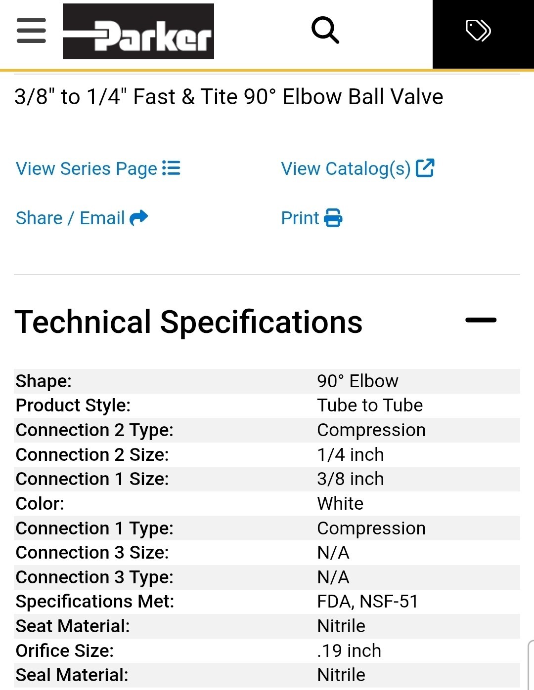 Qty 10 Parker FTPPB6VEU4 Manual 2-Way Ball Valve, Comp, Polypro 3/8″ to 1/4″