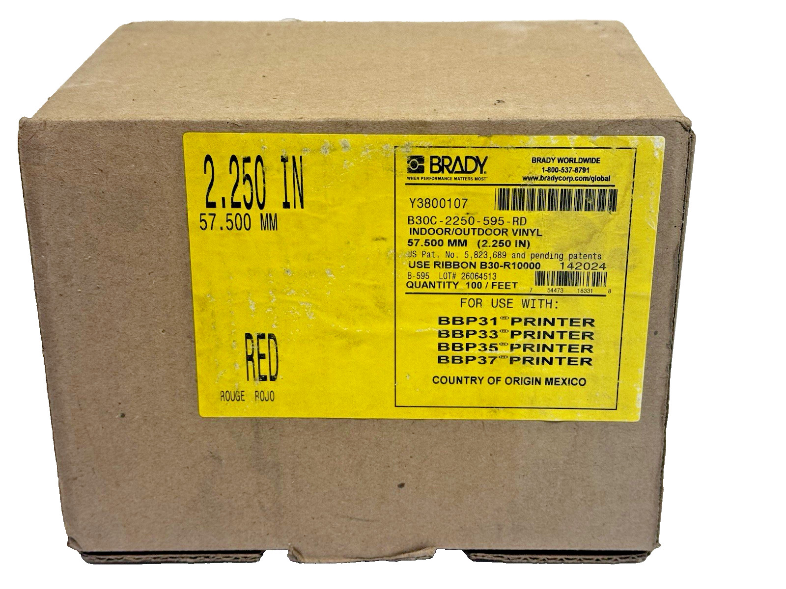 Brady B30C-2250-595-RD Y3800107 Indoor/Outdoor Vinyl 2-1/4in Wide 100LF Red