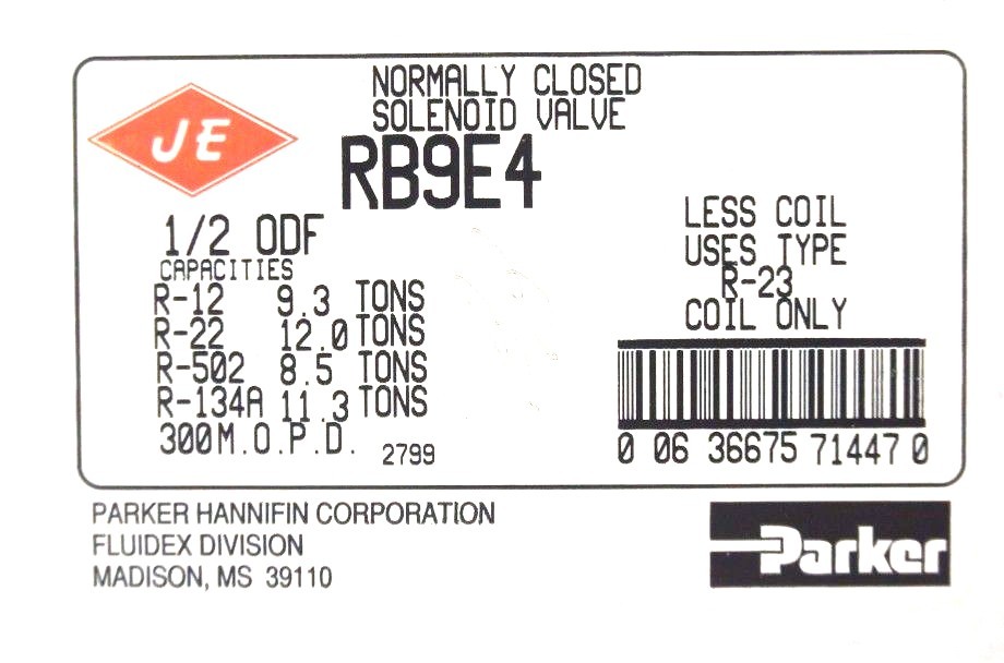 NIB PARKER JACKES-EVANS RB9E4 NORMALLY CLOSED SOLENOID VALVE 1/2″ ODF, 300 MOPD