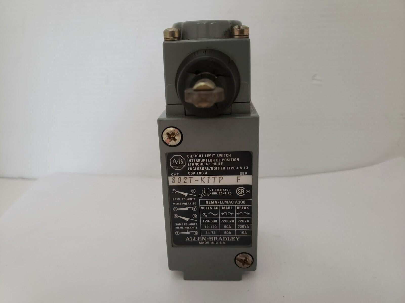 ALLEN BRADLEY 802T-K1TP LIMIT SWITCH 10A HORIZONTAL SIDE PUSH ROLLER SERIES F