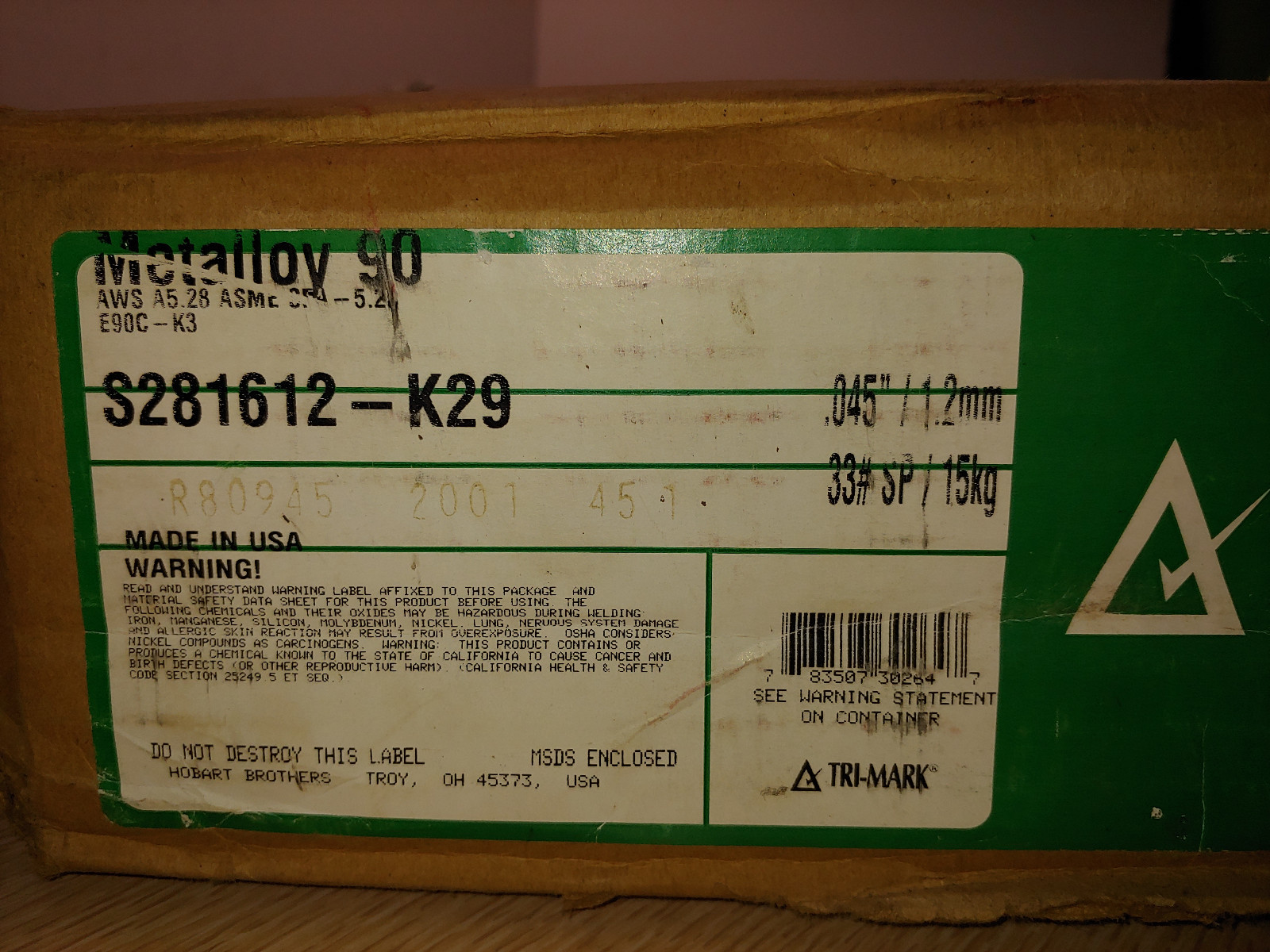 1 NEW SPOOL TRI-MARK S281612-K29 METALLOY 90 GAS-SHIELDED WELDING WIRE NIB