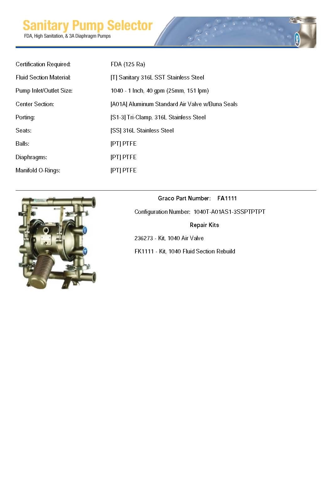 Graco Saniforce 1040 Air Operated Pump Less Muffler. Stainless Steel & PTFE