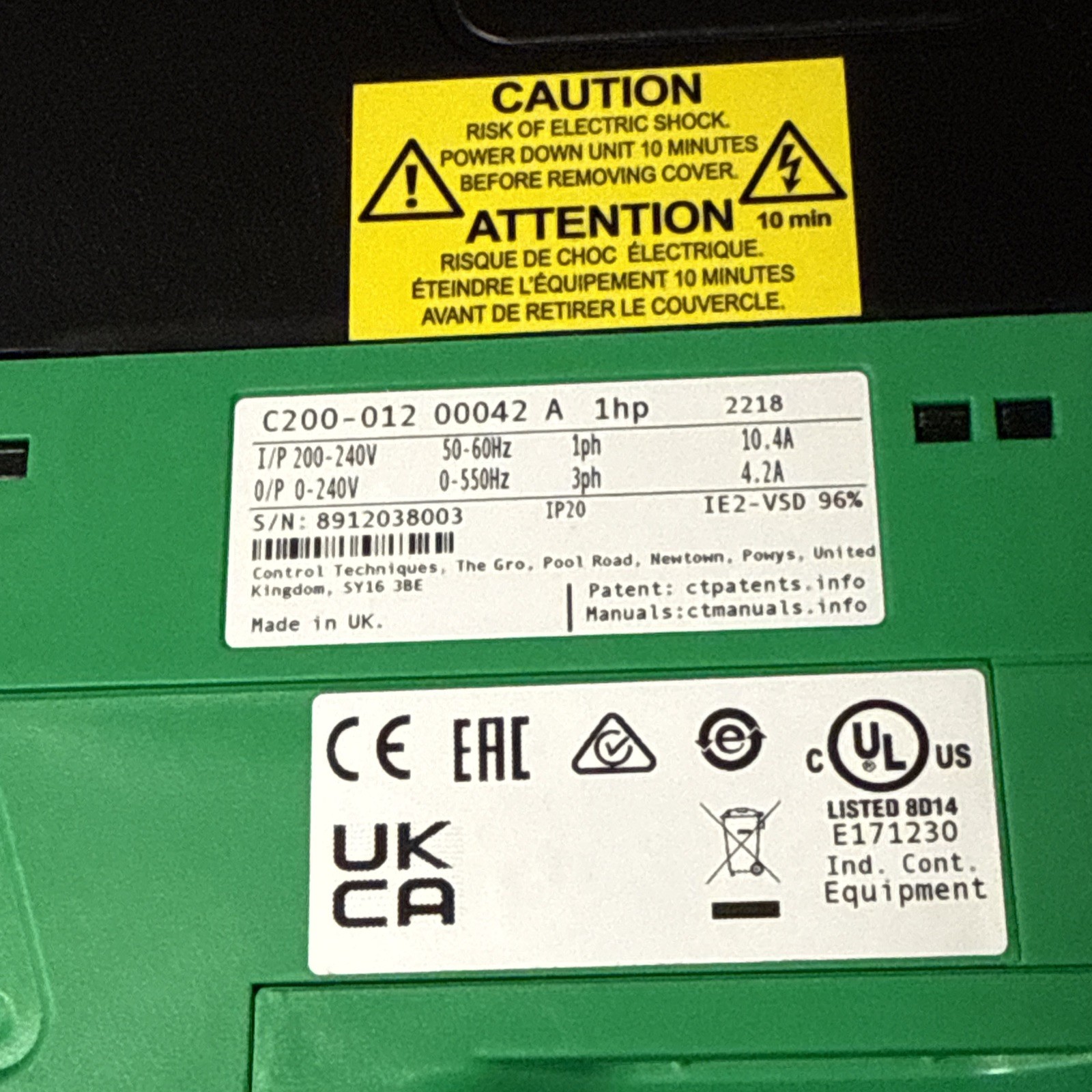 CONTROL TECHNIQUES COMMANDER C200-012 00042 A 1HP VARIABLE FREQUENCY DRIVE