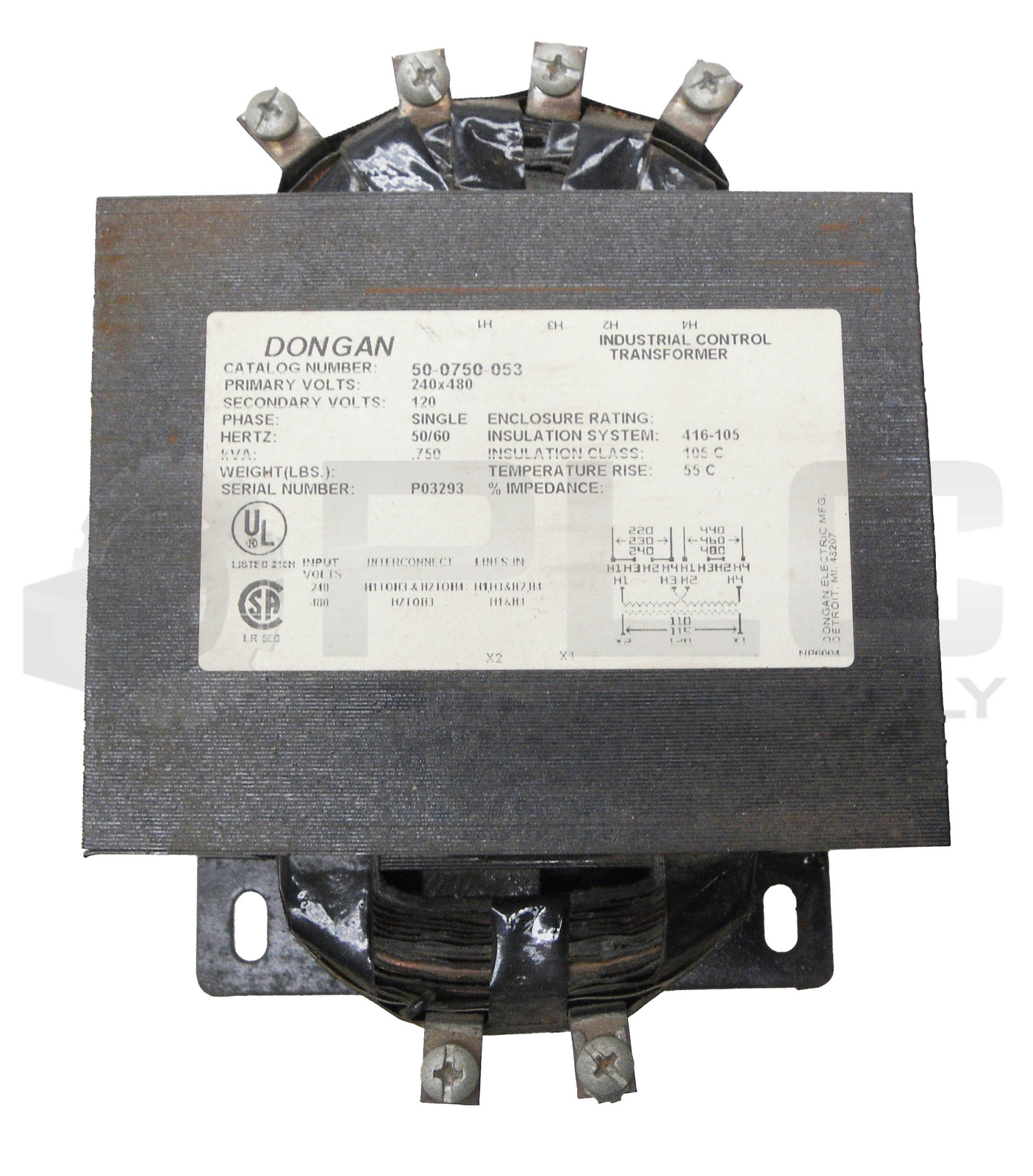 DONGAN 50-0750-053 INDUSTRIAL CONTROL TRANSFORMER 240-480V 50/60HZ