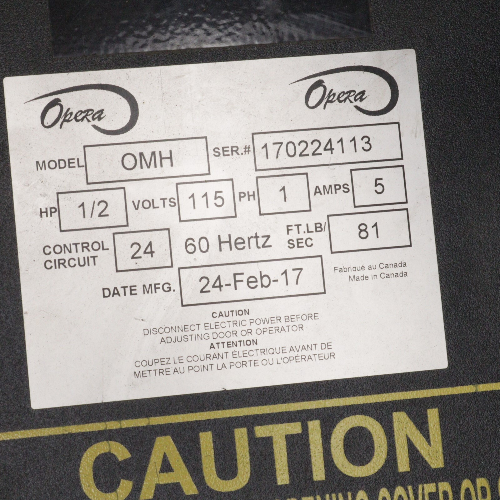 MANARAS OPERA OHM GARAGE DOOR OPENER HEAVY DUTY 81FT.LB.SEC