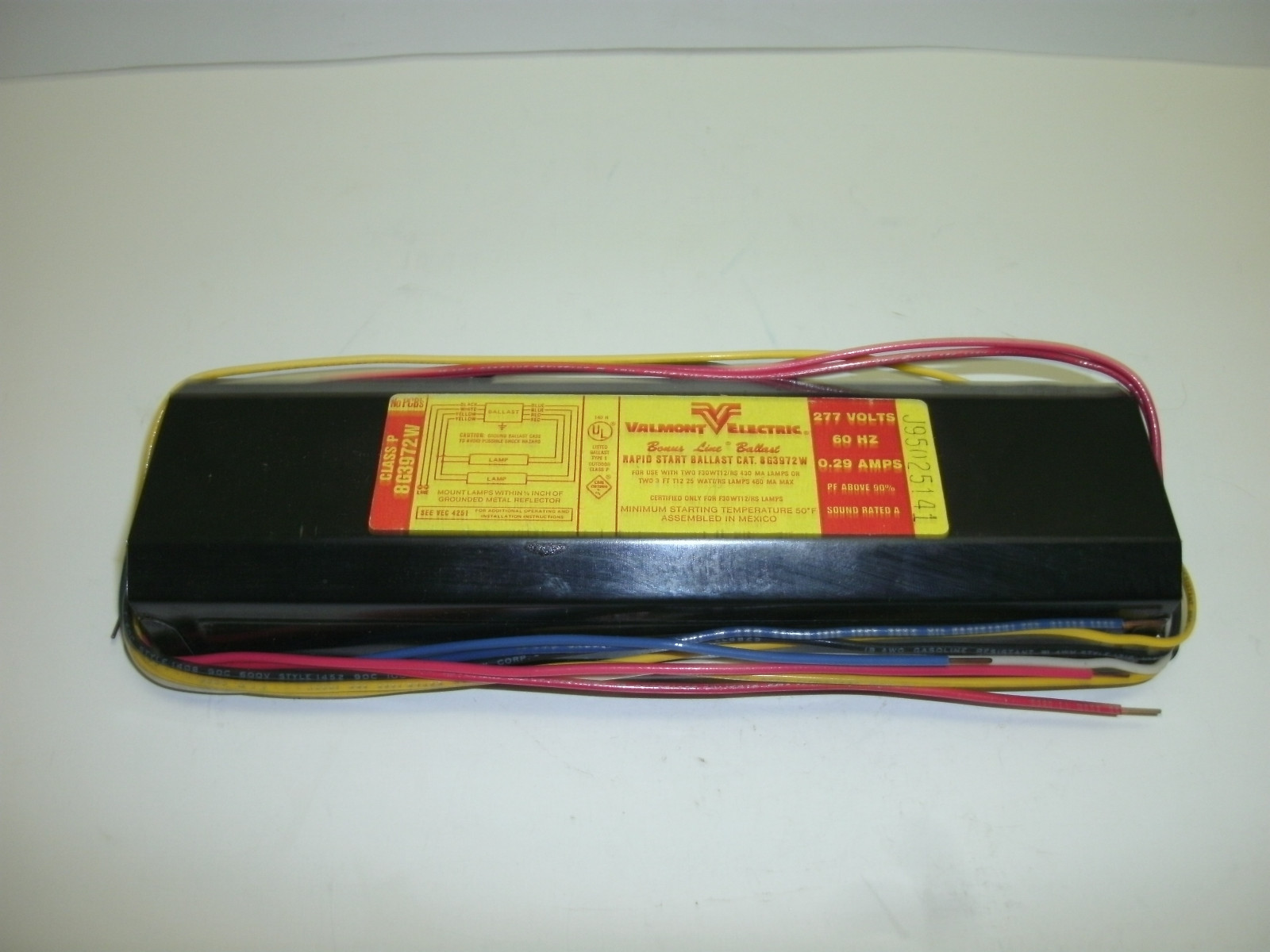 VALMONT 8G3972W RAPID START BALLAST 277 VOLTS 60 HZ 0.29 AMPS CLASS P NO PCB’s