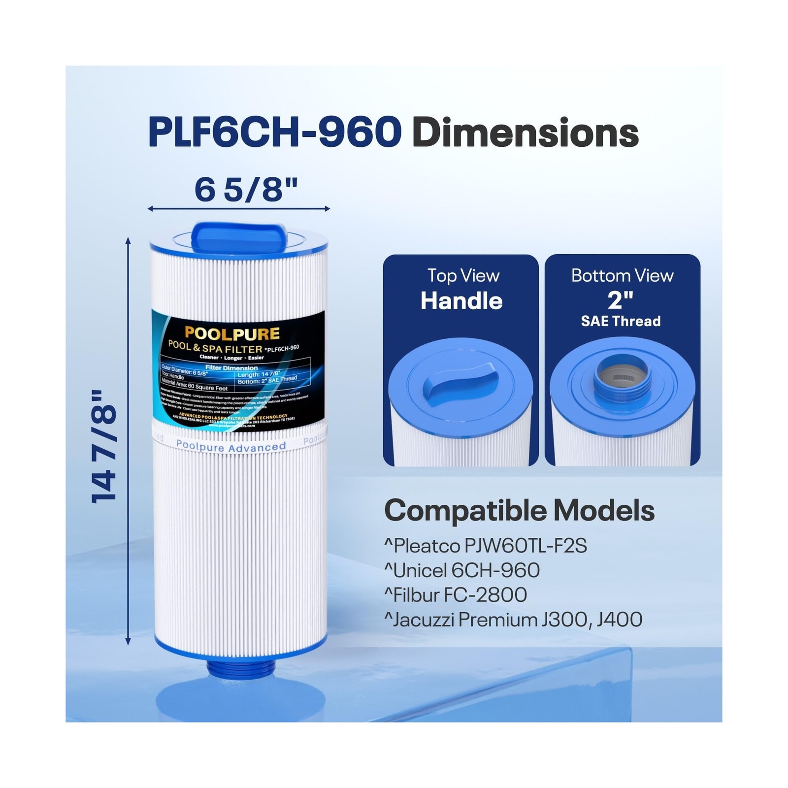 POOLPURE J300 Spa Filter Replaces PJW60TL-F2S, Jacuzzi Filters J-300, J400, U…