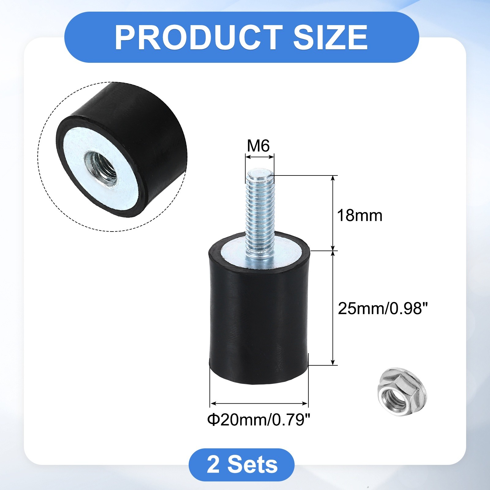 2Pcs M6x18mm Rubber Mounts, 20x25mm(DxH) Rubber Shock Absorber Mount with Nuts