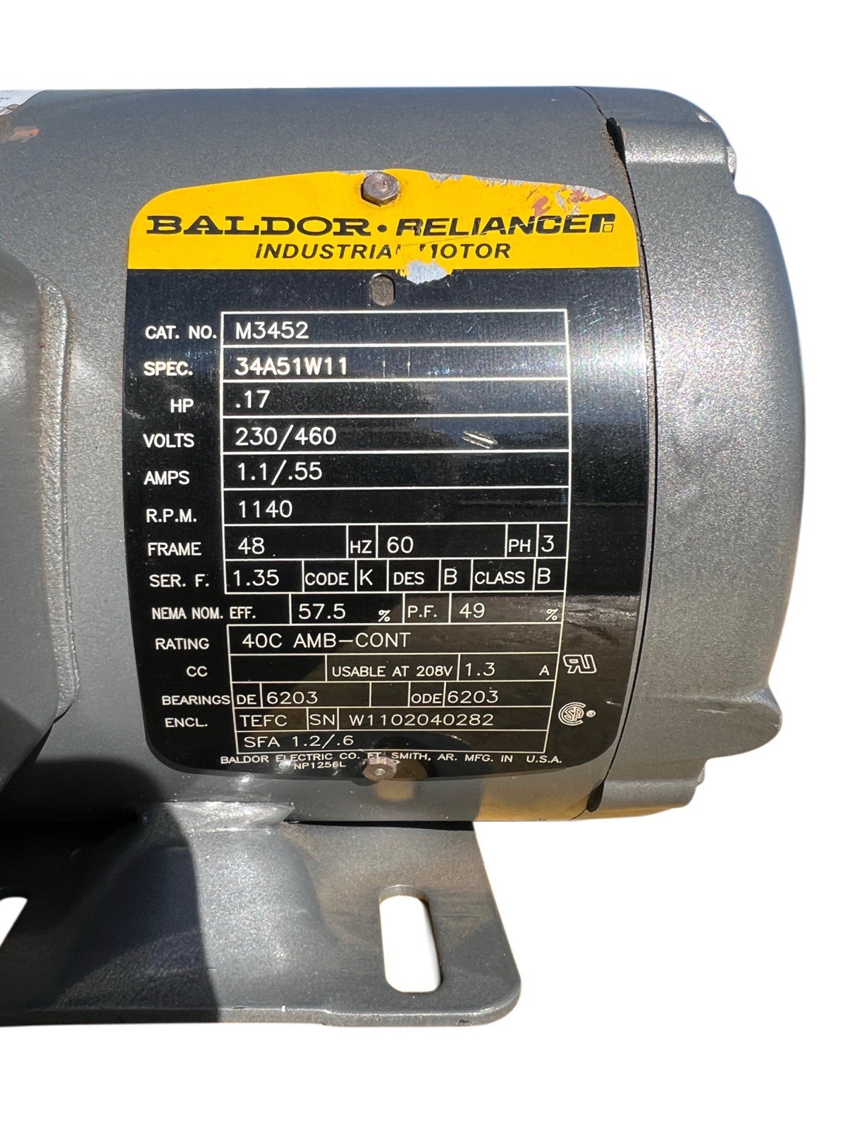 Baldor Reliance Ind Motor M3452 .17HP 1140RPM 230/260V New Quick Ship