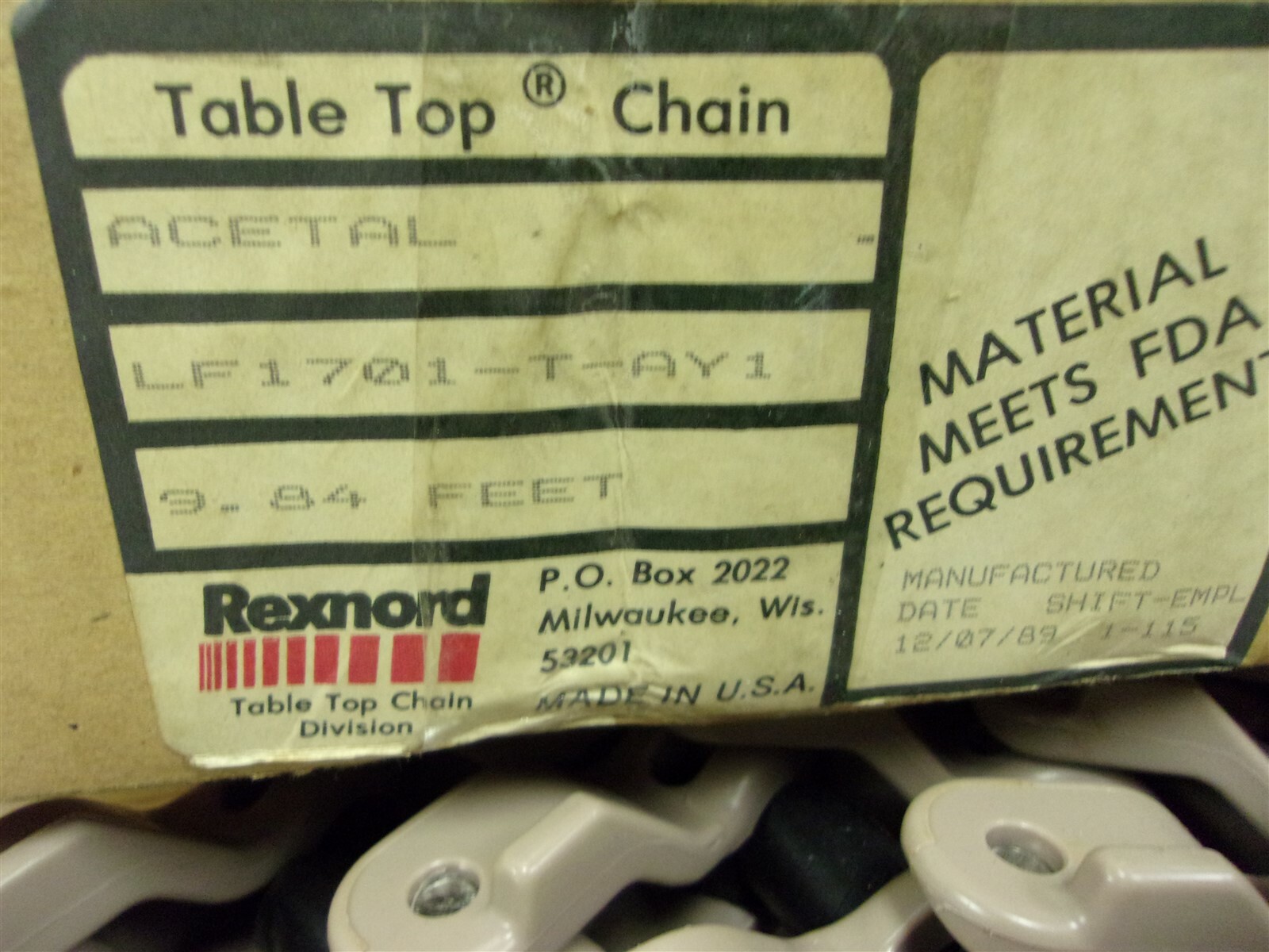 NEW Rexnord ACETAL LF1701-T-AY1 9.84 feet Table Top Chain *FREE SHIPPING*