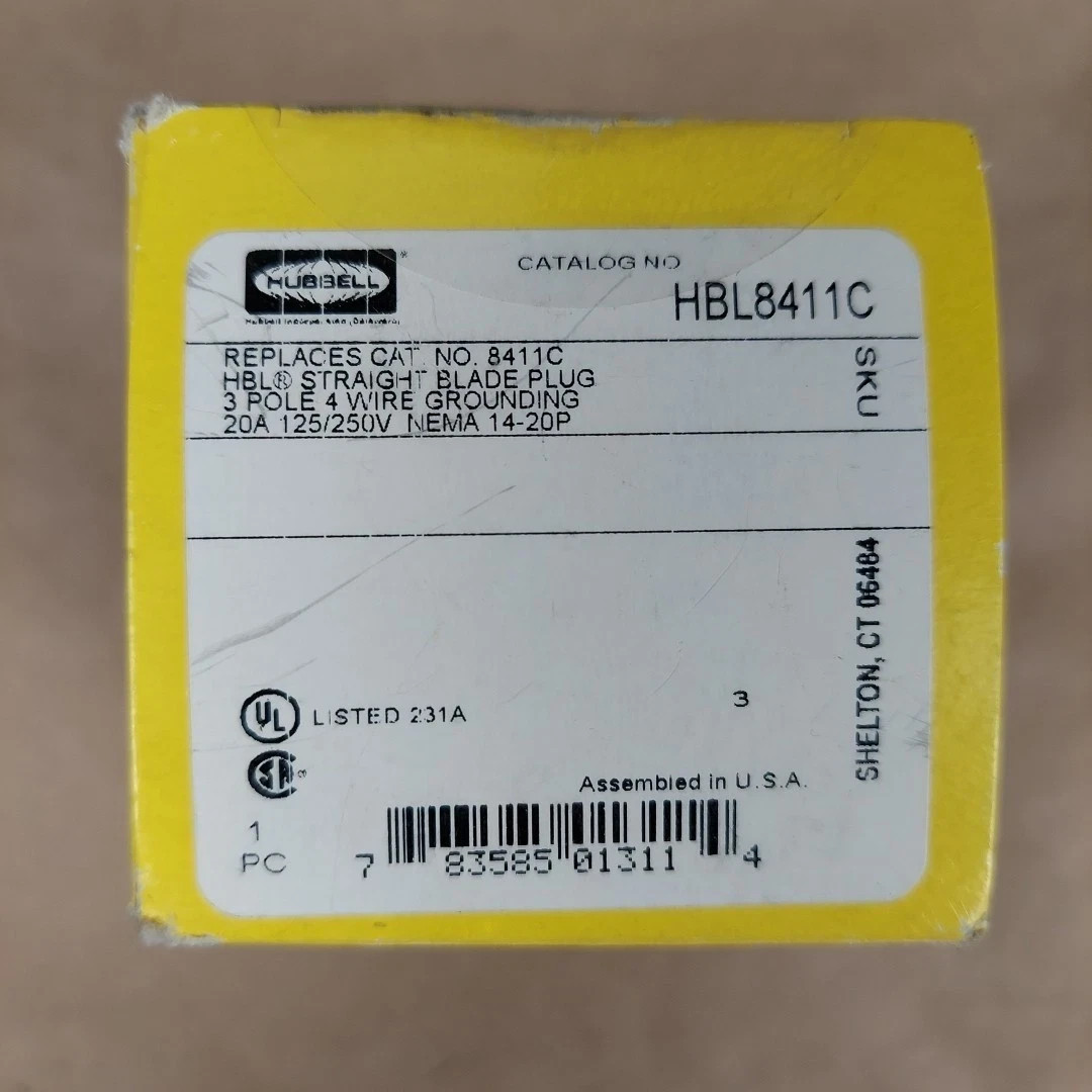 NEW Hubbell HBL8411C 4 Wire Industrial Straight Blade Angle Plug – 20A 125/250V