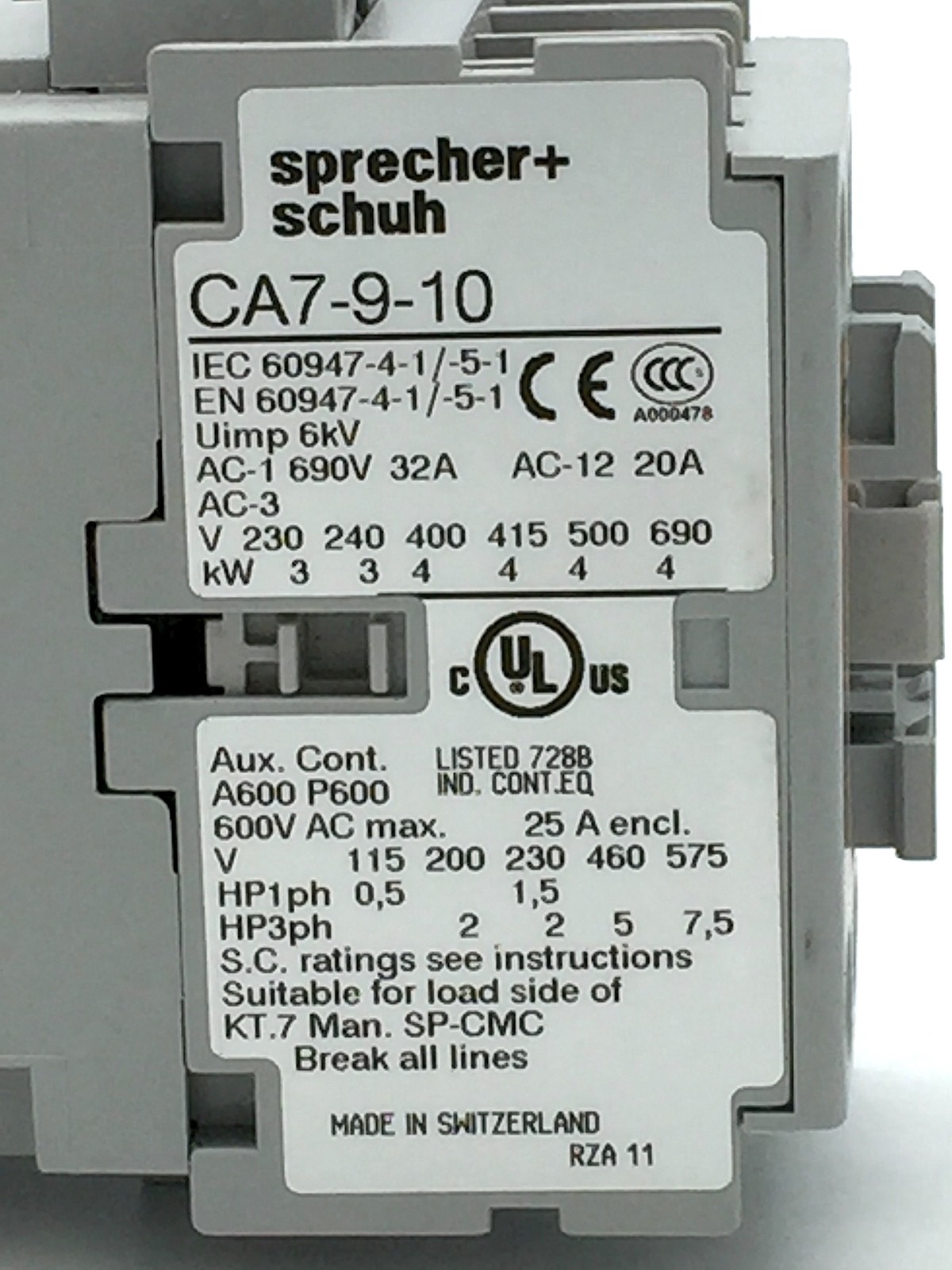 Sprecher + Schuh CA7-9-10 Contactor 3P 24V AC Coil 50/60Hz CA7-9-10-24Z