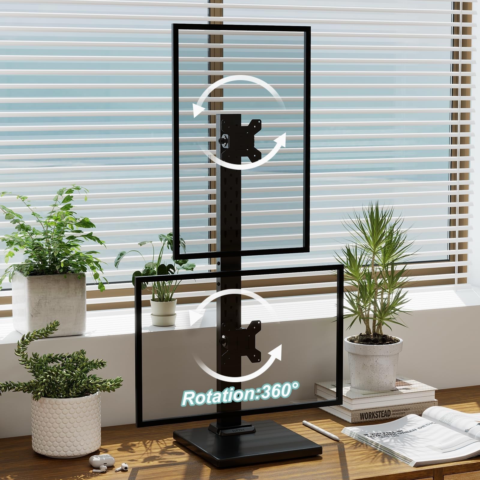 Suptek Dual Monitor Stand with Base Vertical Stack Screen Free-Standing Monit…