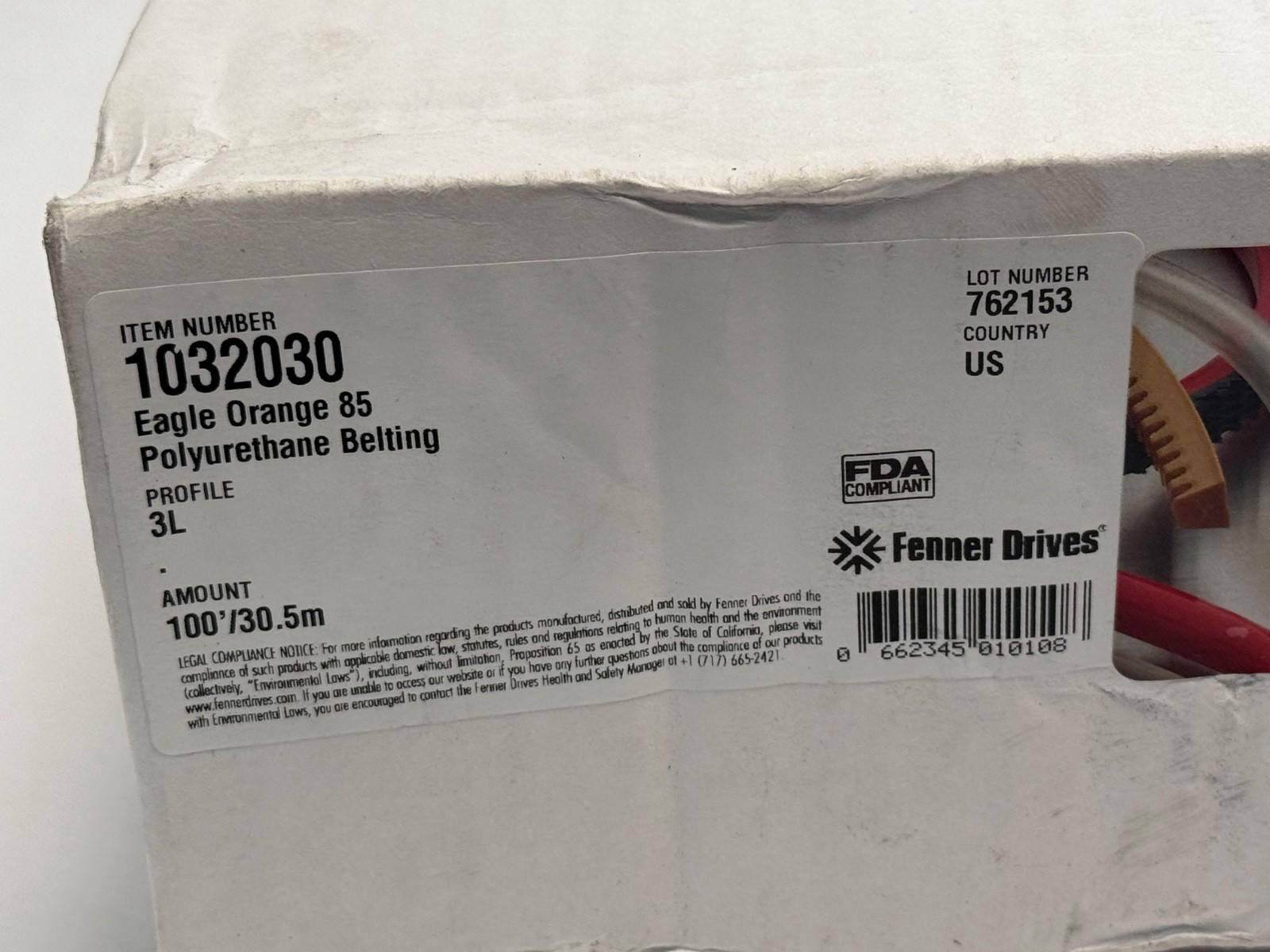 Fenner-Drives 1032020 Eagle Orange 85 Polyurethane Belting 3L 100ft
