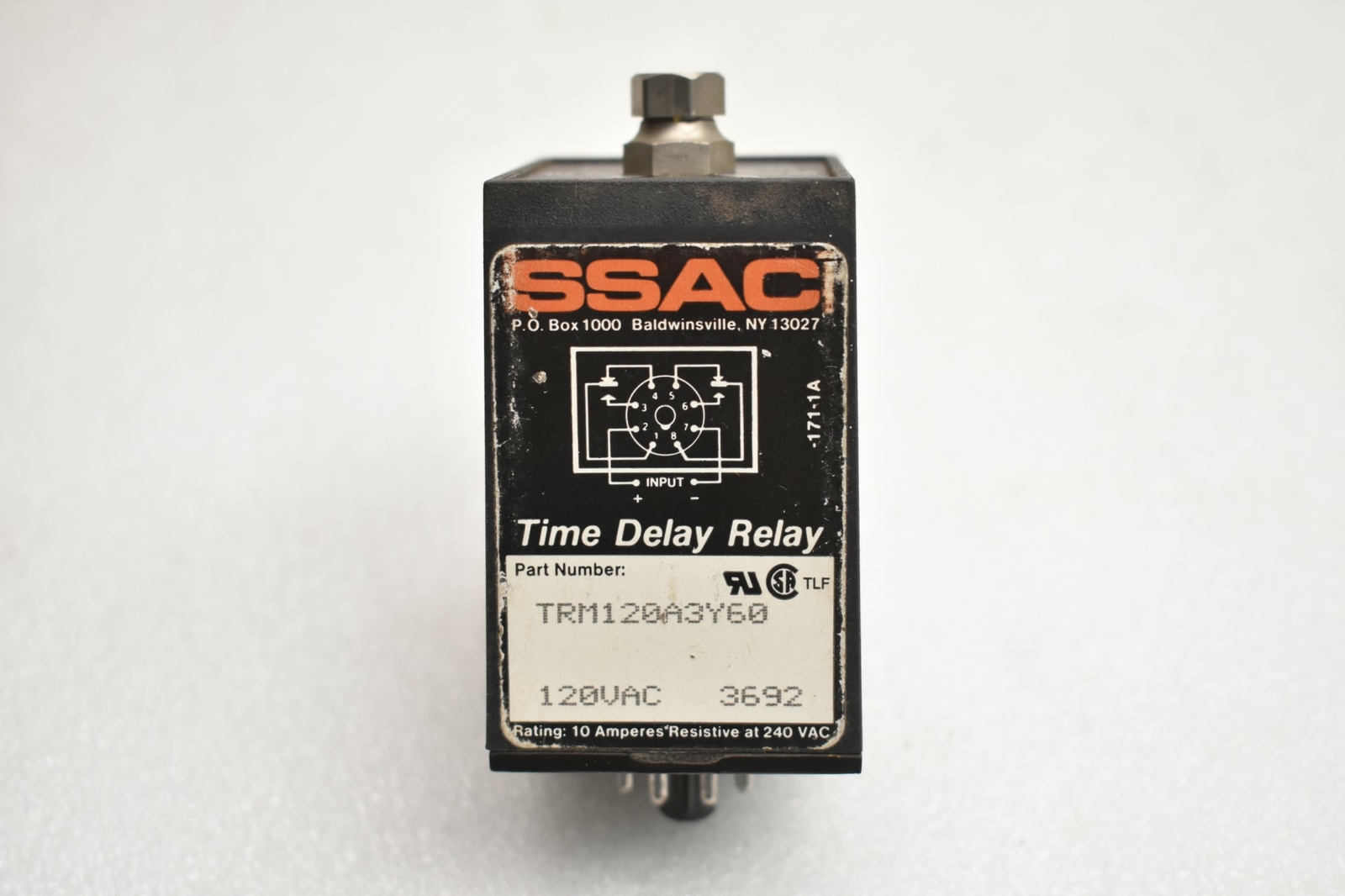 SSAC TRM120A3Y60 TIME DELAY RELAY 1-60 SEC W/ CUSTOM RB08-PC RELAY BASE