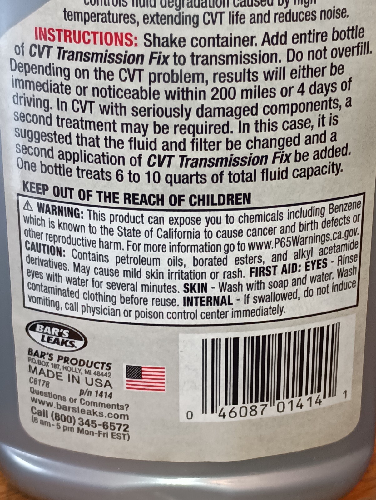 (6) Bar’s Leaks CVT Transmision Fix 11fl oz ea. 1414 New