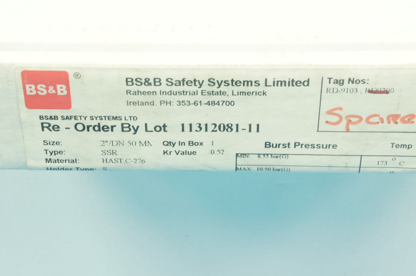 BS&B 11312081-11 SSR break disk 2in.(2″)/DN50 HASTC-276 8.55-10.50bar(G)@173°C