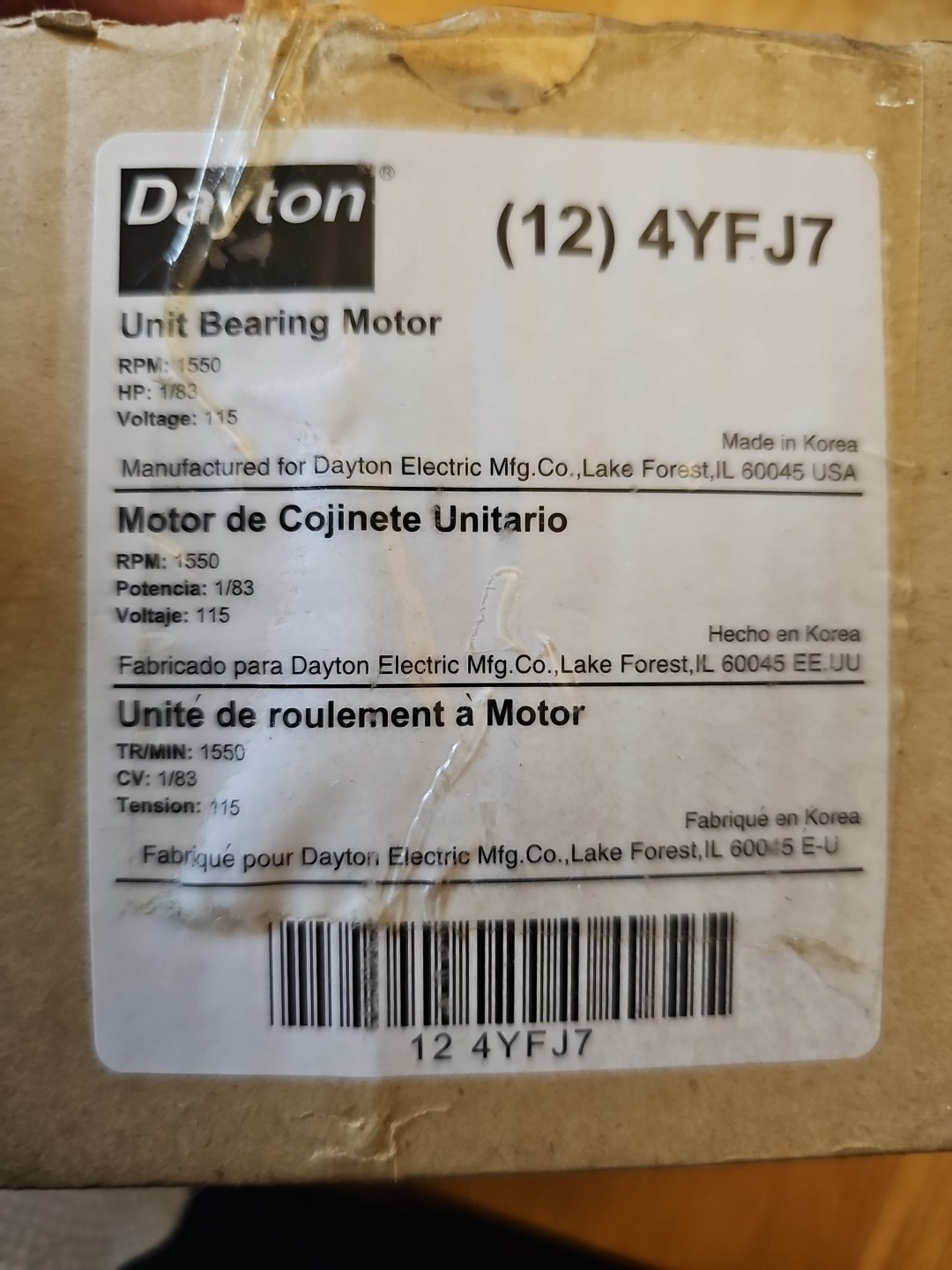 Dayton Unit Bearing Motor 1/83 HP, 1550 rpm 115V 9W .62A 50/60Hz Shaft:1/4×20
