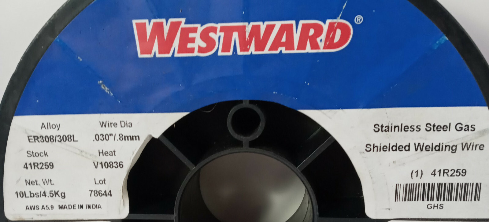 1 NEW PARTIAL ROLL WESTWARD 41R259 MIG WELDING WIRE, ER308L, .030, 10 LB NNB