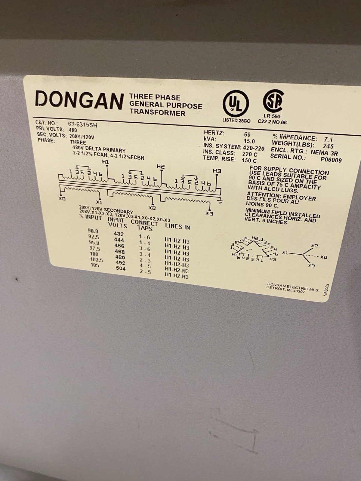 Dongan 63-6315SH 15KVA 4480/208~120 with Dongan 85-1045SH 240×480/120/240
