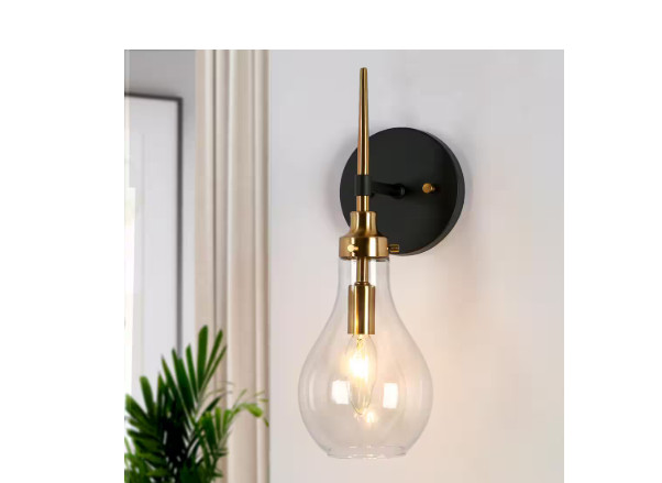 Uolfin 15-in H. Modern Bedroom Teardrop Wall Sconce 1-Light Black & Brass Gold